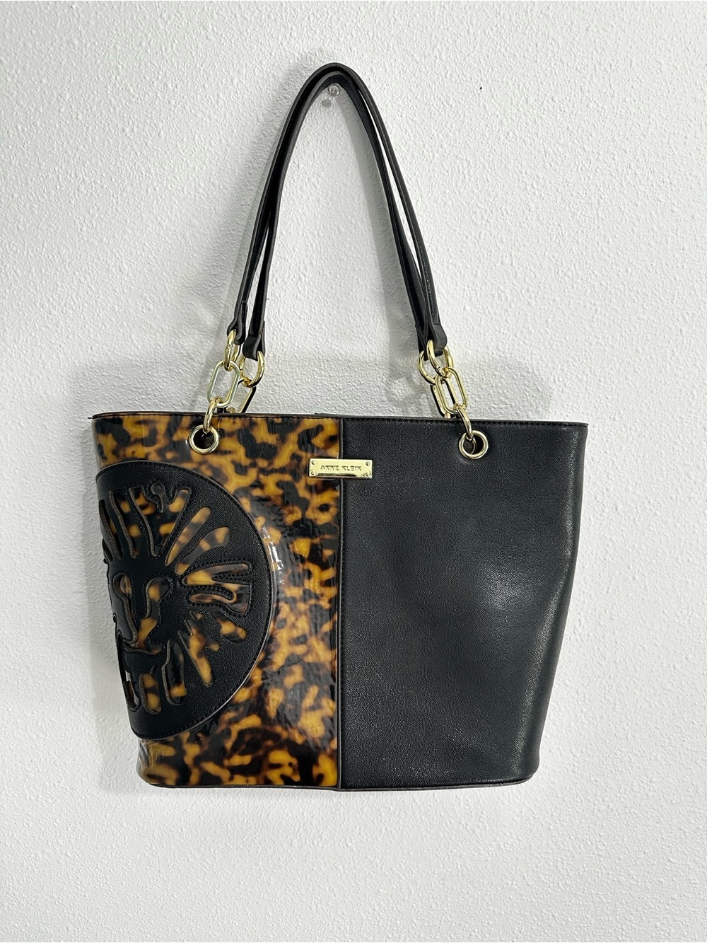 Anne Klein Black and Tortoiseshell Tote with Gold Hardware